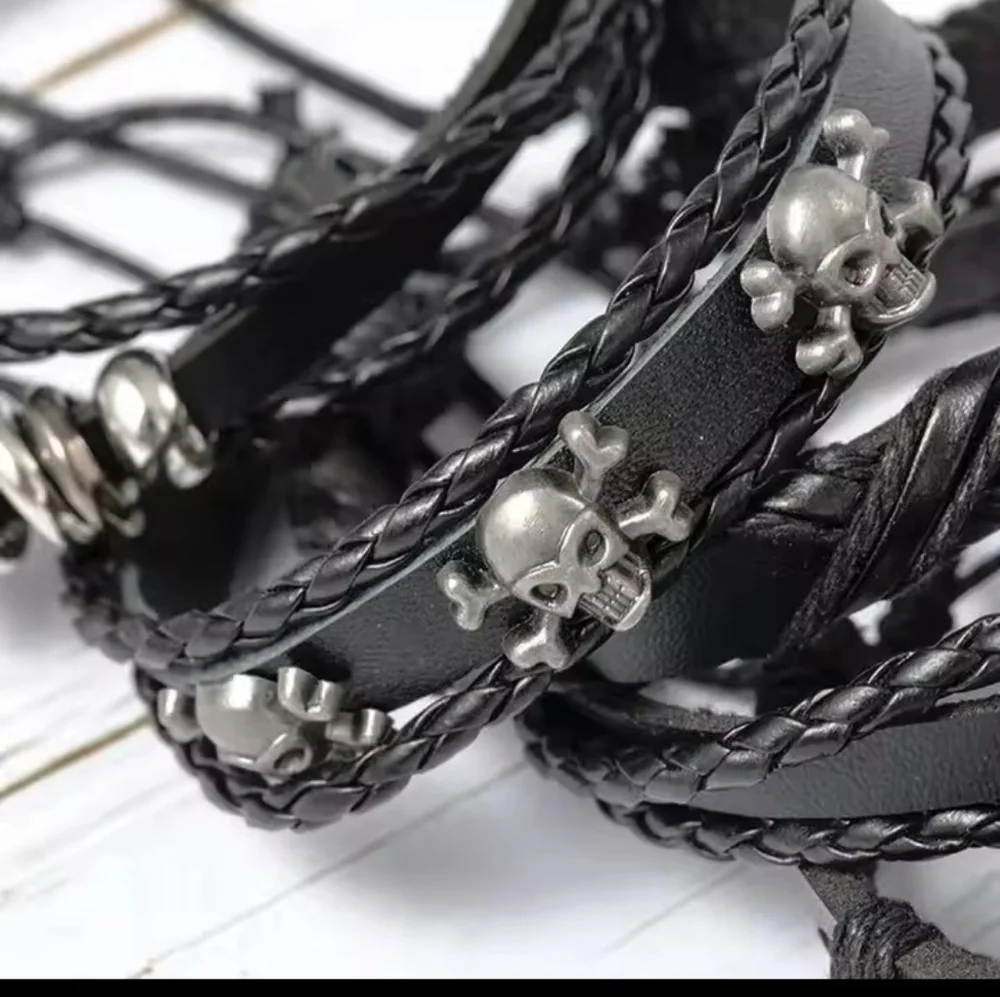 Men's Leather Bracelets Set Black Skulls‎ Stars Layered New f88